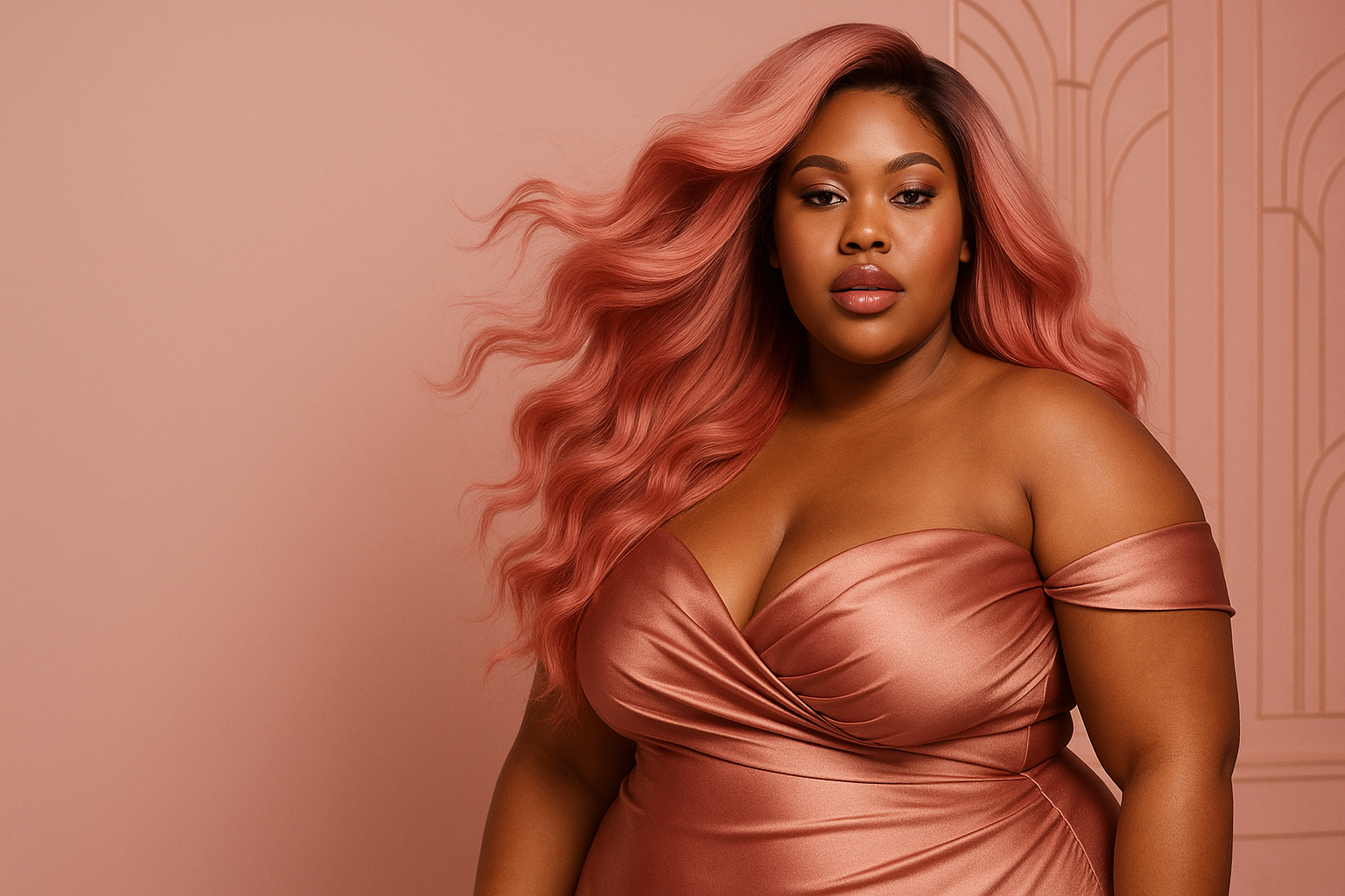 Woman with pink body wave hair wearing a pink dress against a pink background