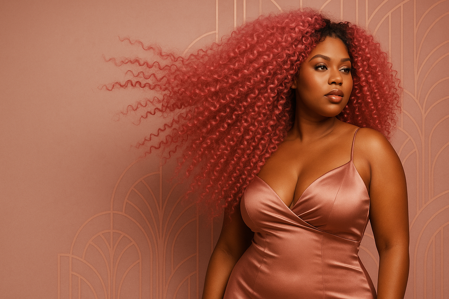 Woman with voluminous red hair wearing a satin dress against a patterned background