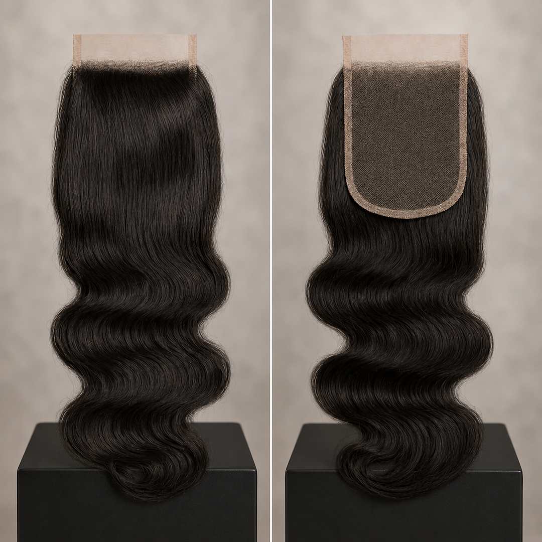 Two views of a black body wave hair extension lace closure on display blocks against a neutral beige background. The left view shows the hair from the side, and the right view shows the lace attachment point from the top.