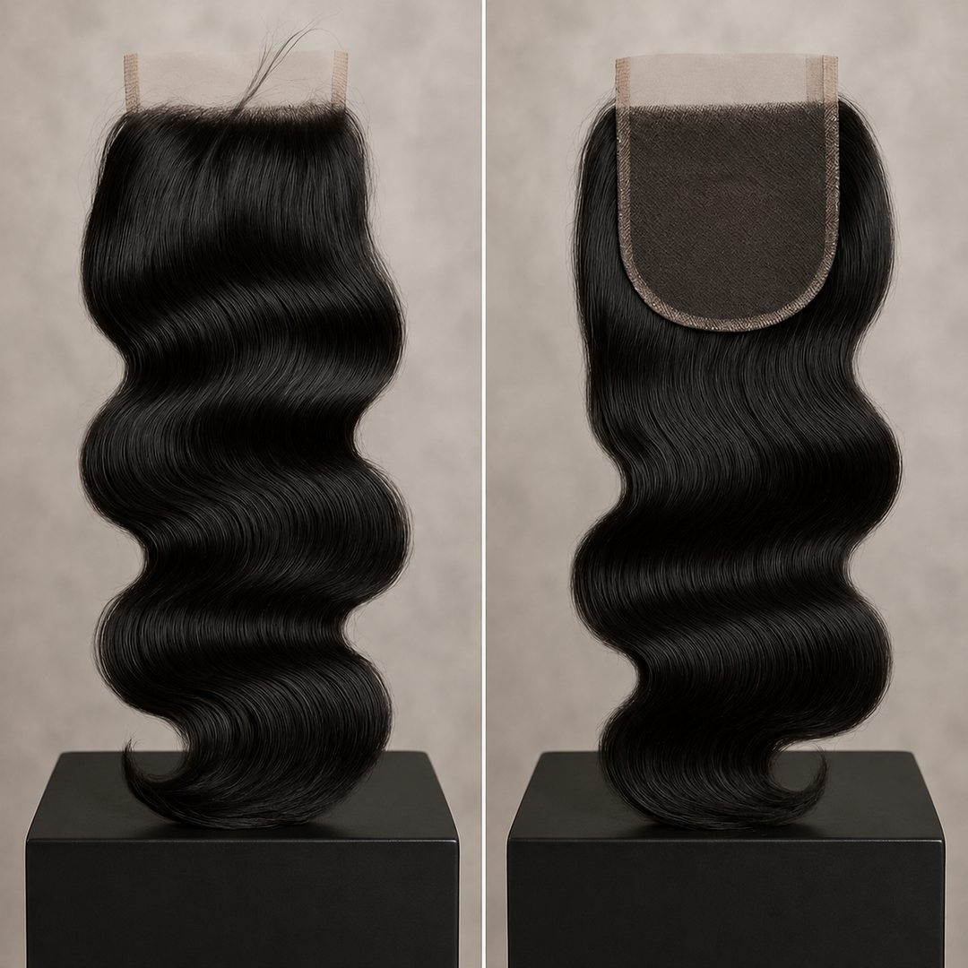 Two views of aBody Wave 5x5 HD Lace Closure on display stands against a neutral beige background. The left view shows the full hairpiece with the lace front attachment, and the right view shows the underside of the lace front with the skin tone visible.
