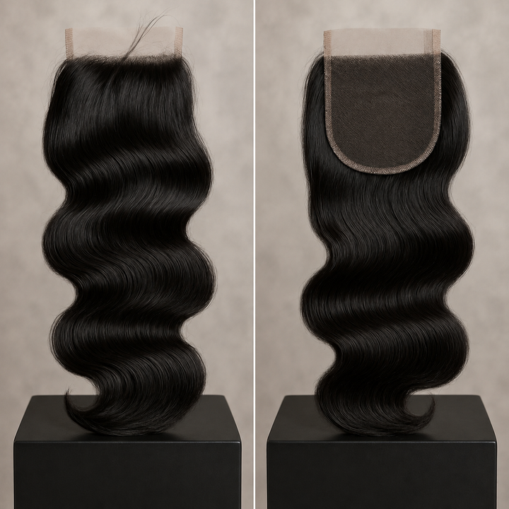 Two views of aBody Wave 5x5 HD Lace Closure on display stands against a neutral beige background. The left view shows the full hairpiece with the lace front attachment, and the right view shows the underside of the lace front with the skin tone visible.