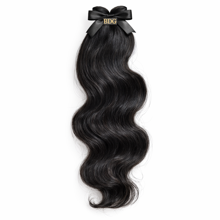Body wave raw hair bundles with Bundles and Drops of Glam logo ribbon