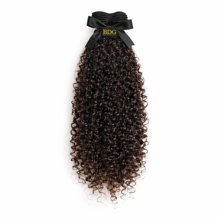 Boho-kinky-curly raw hair bundles with Bundles and Drops of Glam logo ribbon