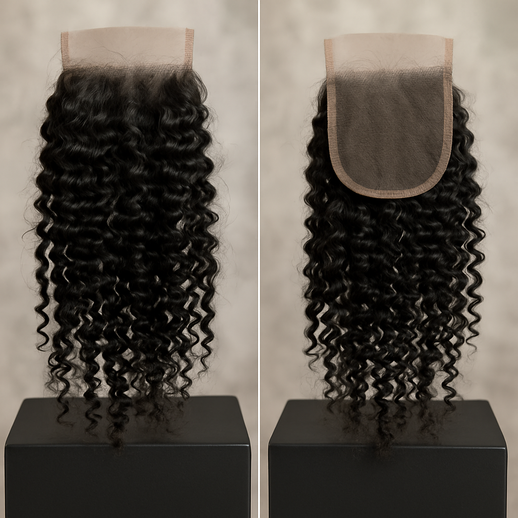 Two hair closures with curly hair on a neutral background