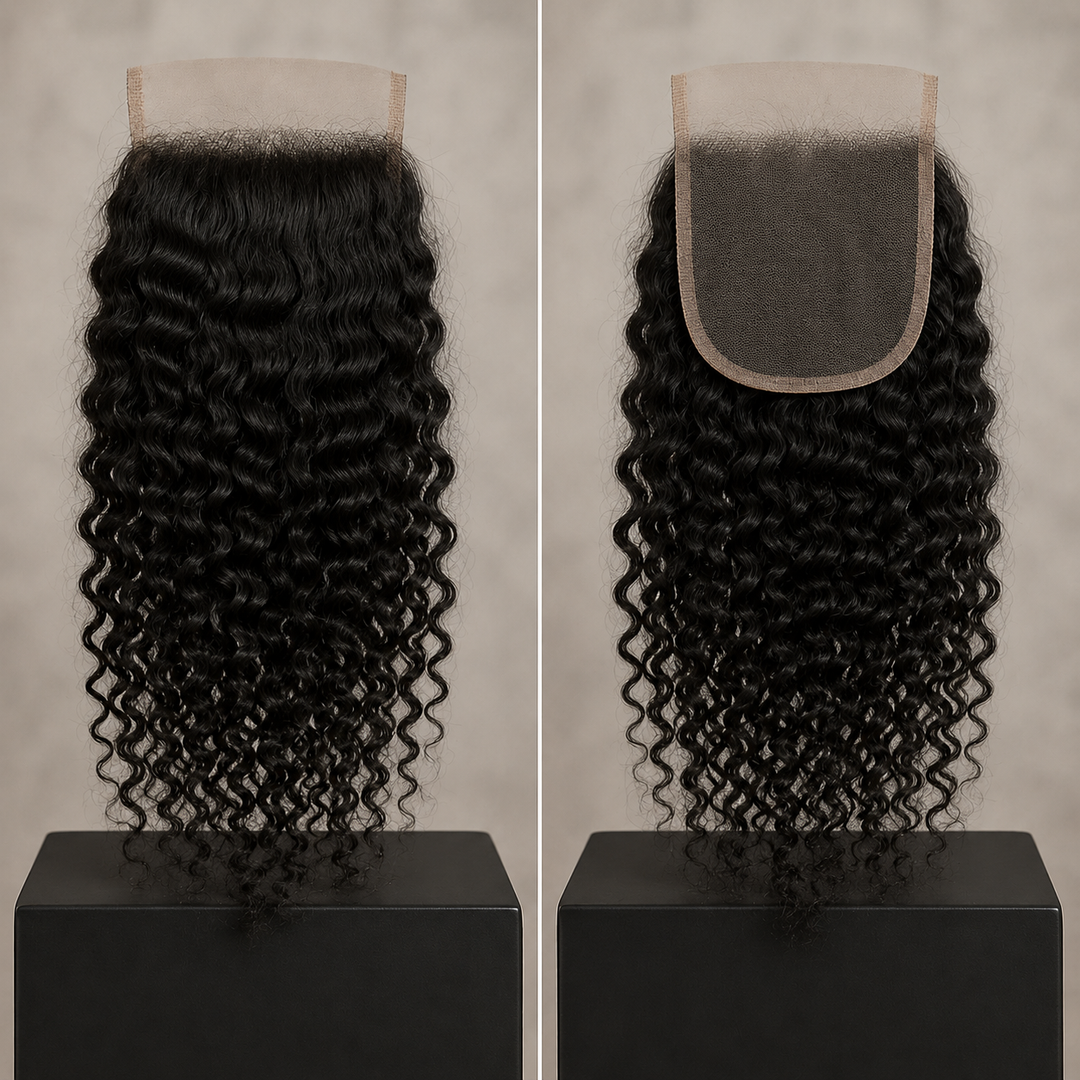 Two views of a Burmese Curly HD Lace Closure on display stands against a neutral beige background. The left view shows the hair from the front, and the right view shows the lace part from the top.