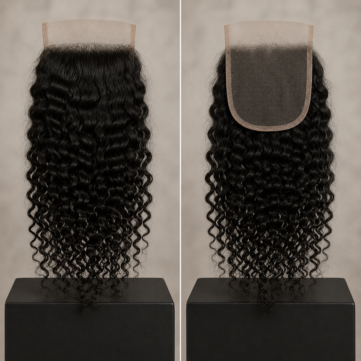Two views of a Burmese Curly HD Lace Closure on display stands against a neutral beige background. The left view shows the hair from the front, and the right view shows the lace part from the top.