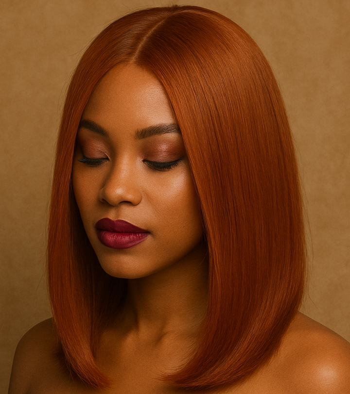 Woman with copper hair wearing a black strapless top against a beige background