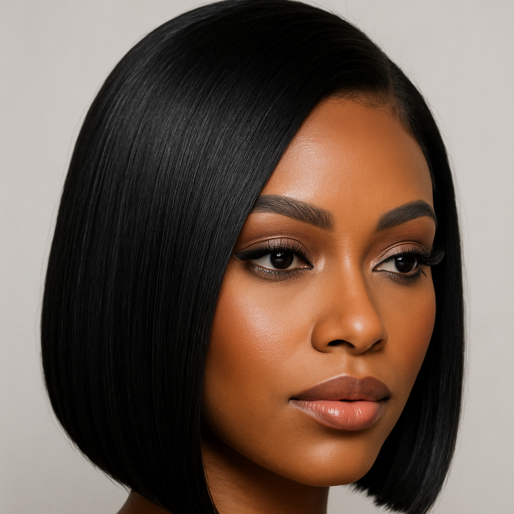 Woman with a stylish black bob haircut against a neutral background
