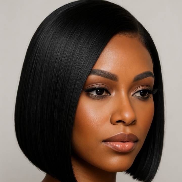 Woman with a stylish black bob haircut against a neutral background