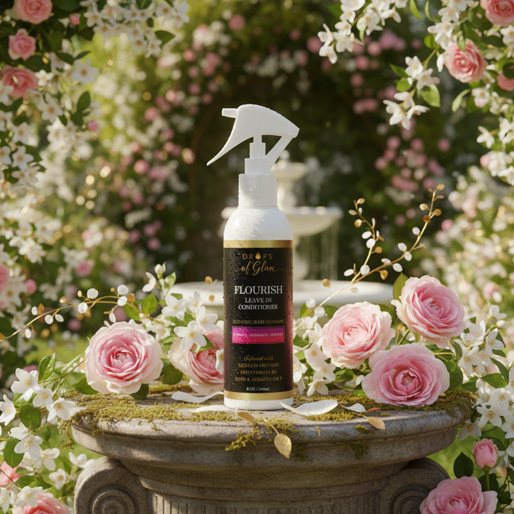 Drops of Glam Flourish Leave-In Conditioner in a white plastic spray bottle with a black and gold label, shown on a white background.