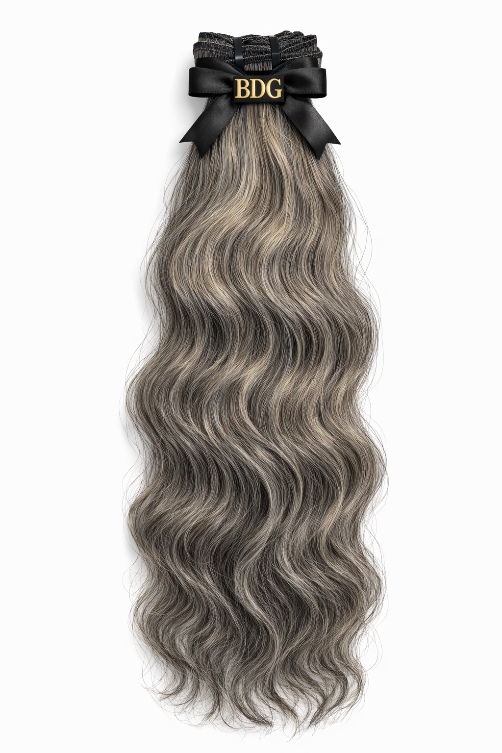 Gray wavy raw hair bundles with Bundles and Drops of Glam logo ribbon