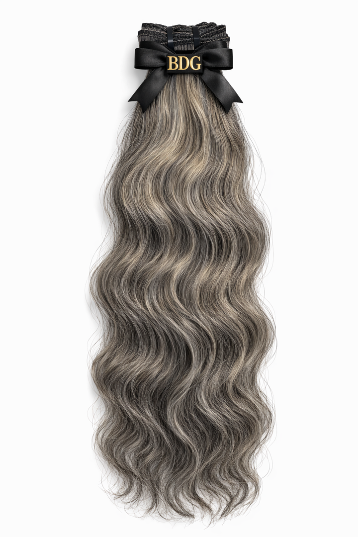 Gray wavy raw hair bundles with Bundles and Drops of Glam logo ribbon