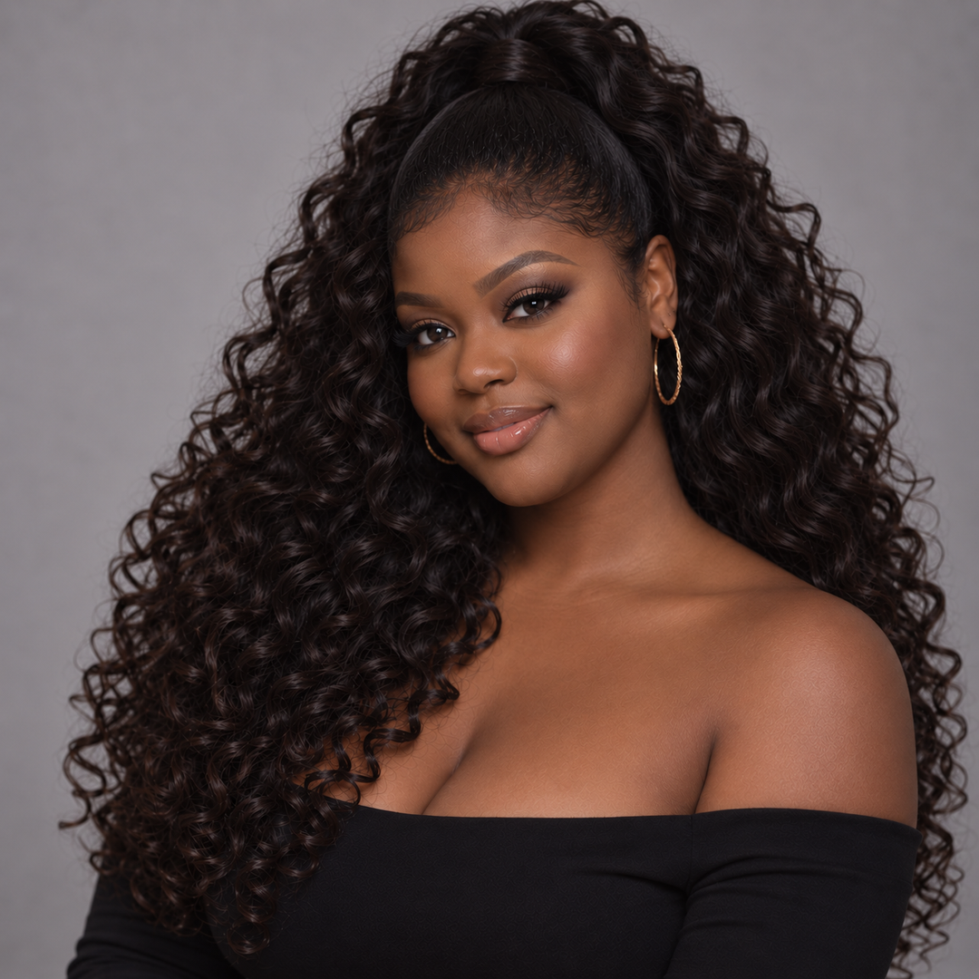 A woman with long, dark brown to black curly hair styled in a high ponytail, wearing gold hoop earrings and a black off-the-shoulder top against a solid gray studio background.