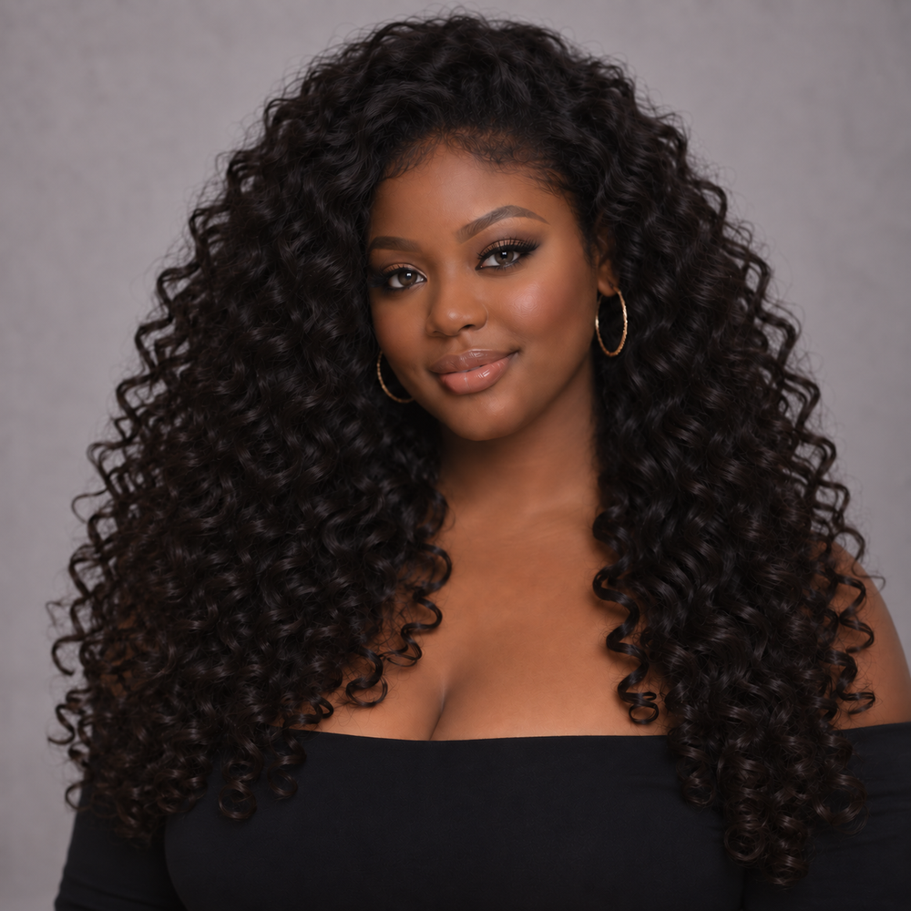 A woman with long, voluminous dark brown to black curly hair wearing a black off-the-shoulder top and gold hoop earrings, photographed against a neutral gray studio background.