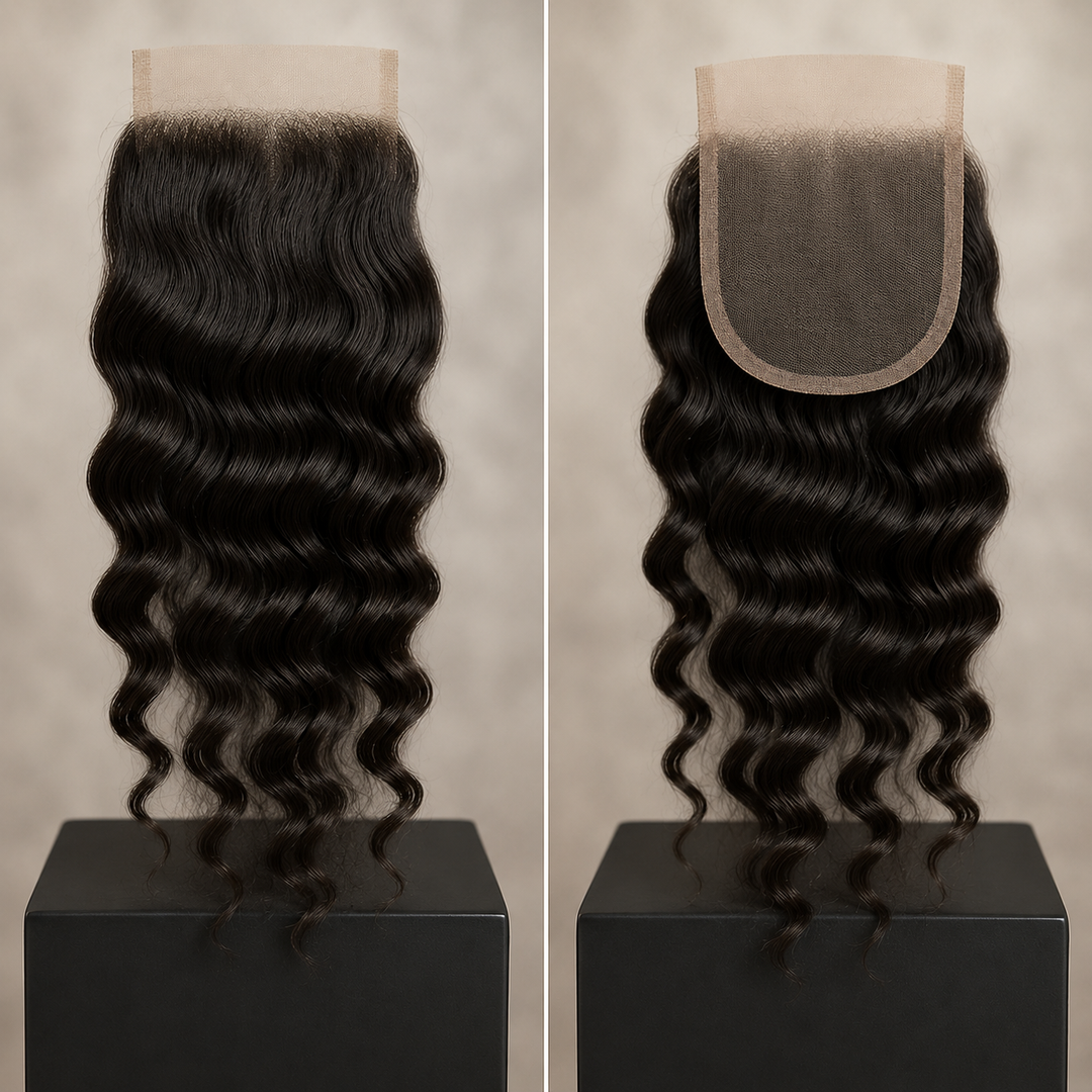Two views of Loose Curly Indian Lace Closures on display stands against a neutral beige background. The left view shows the front with curly hair and a clear lace front, while the right view shows the back of the lace with its U-shaped edge.