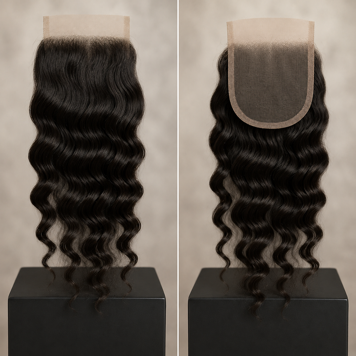 Two views of Loose Curly Indian Lace Closures on display stands against a neutral beige background. The left view shows the front with curly hair and a clear lace front, while the right view shows the back of the lace with its U-shaped edge.