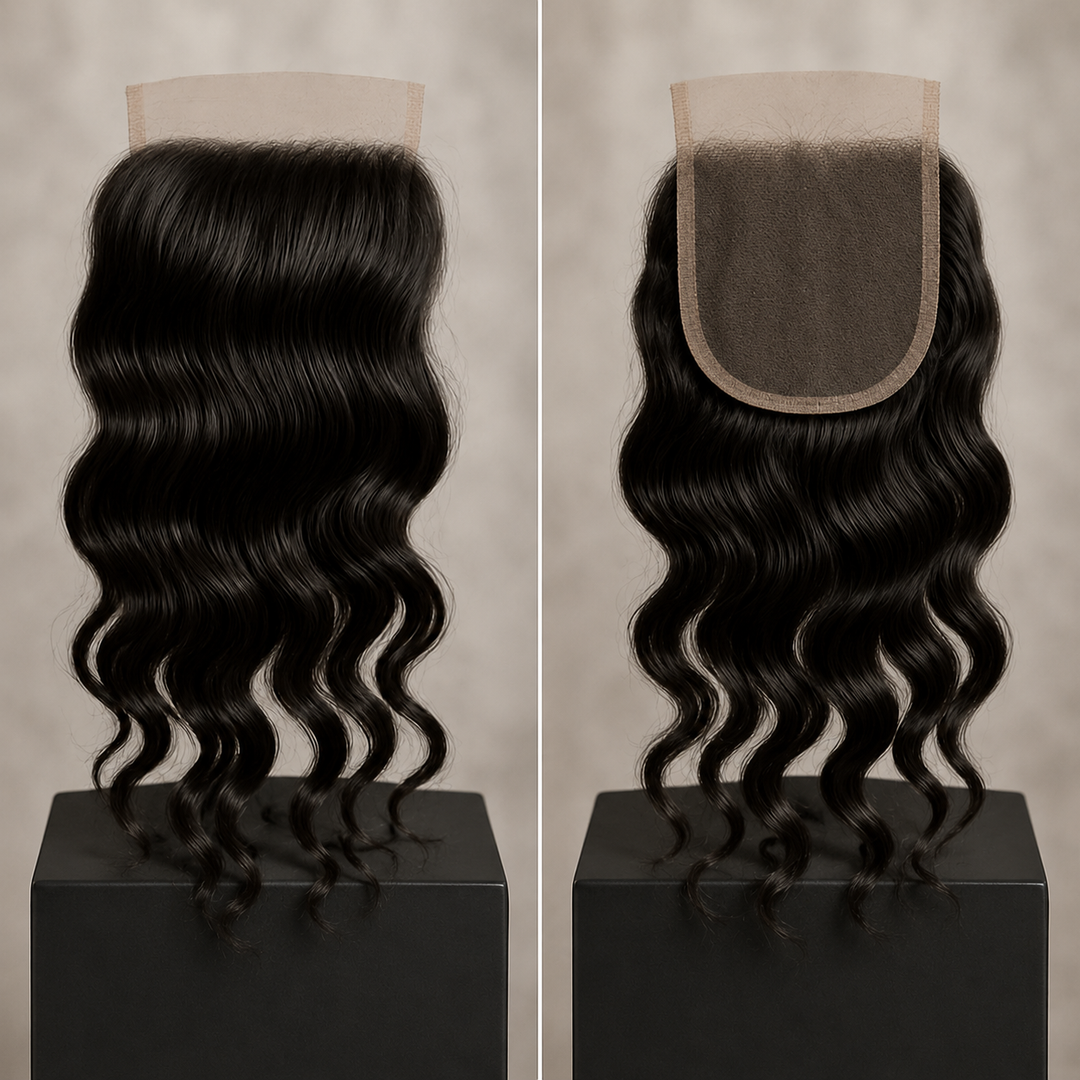 Two views of a loose wavy Indian Lace closure on a neutral studio background, showing both the front with wavy hair and the back with the lace base visible.