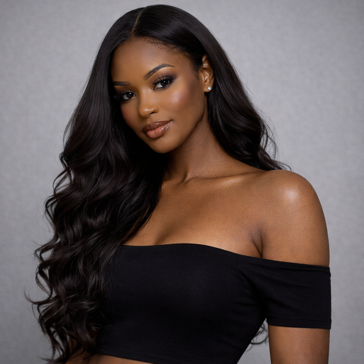 Model wearing Body wave raw hair bundles with Bundles and Drops of Glam 