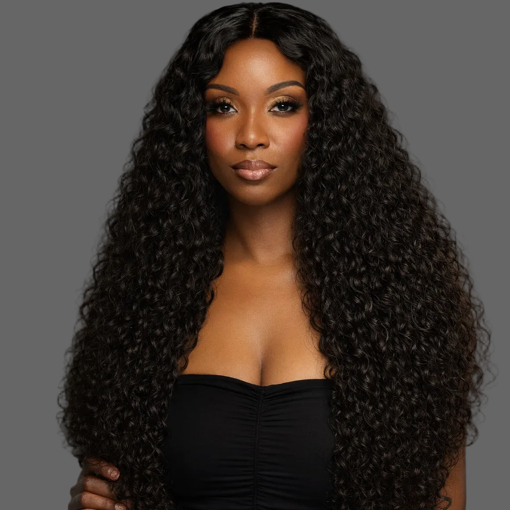 Model wearing Raw Burmese Curly hair Bundles