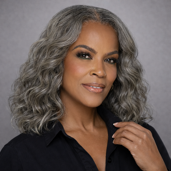 Model wearing gray-wavy-raw-hair-