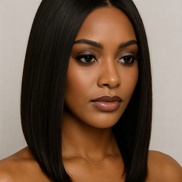 Woman with straight middle part bob natural black hair against a neutral background