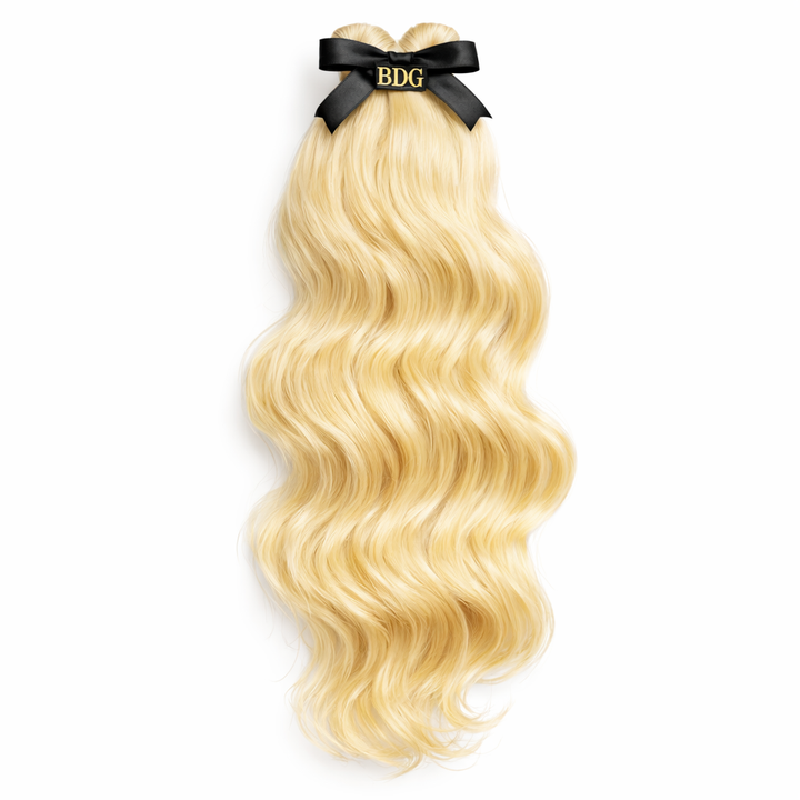 Raw Blonde hair extensions with a black ribbon and 'BDG' logo on a white background