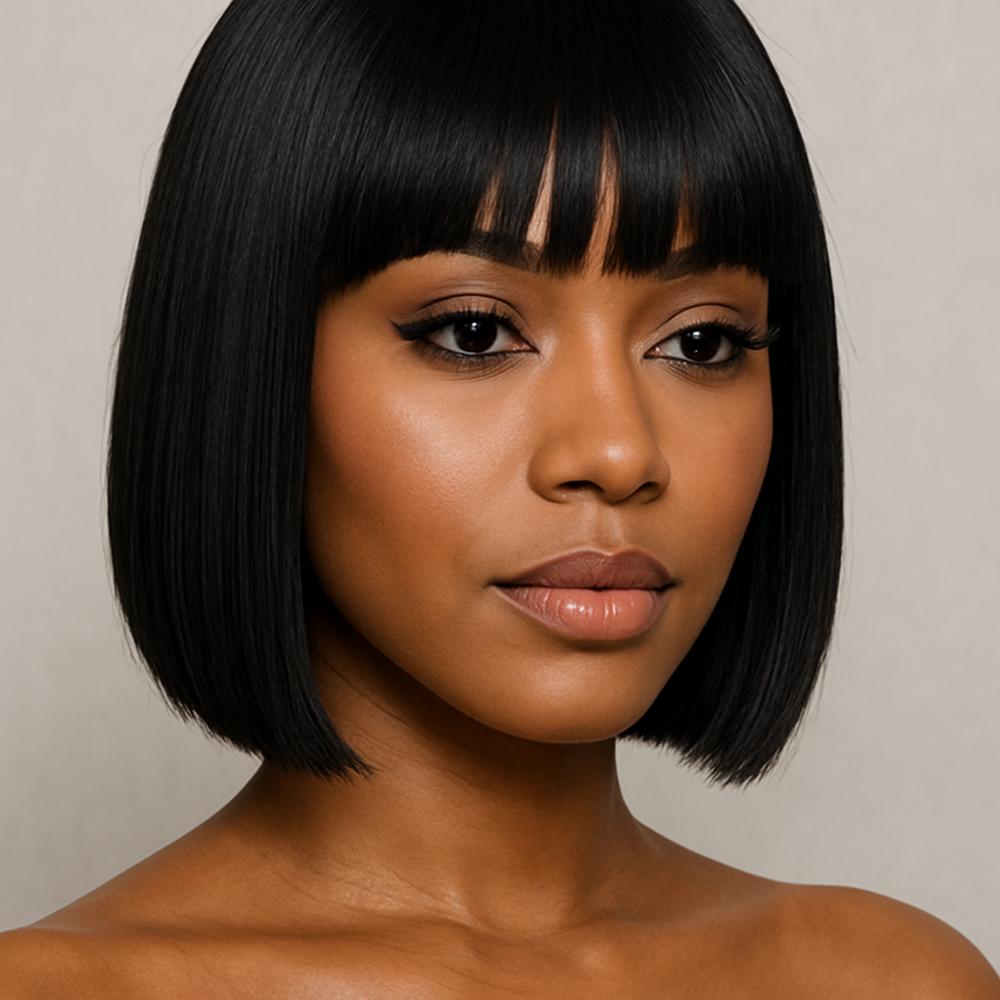 Woman with a stylish natural black bang bob haircut against a neutral background