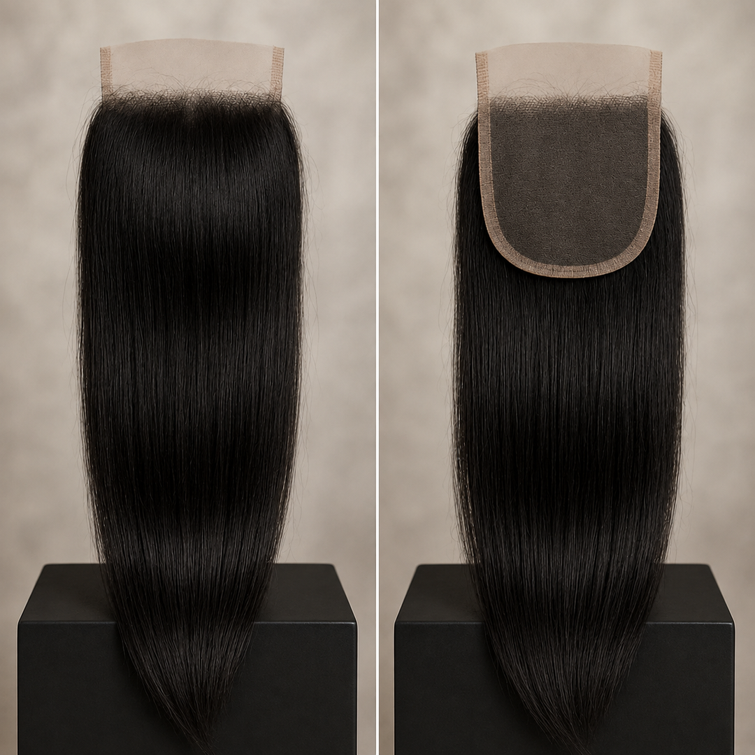Two views of a long, Straight Raw Indian Lace Closures on a neutral beige background, displayed side-by-side on black pedestals.