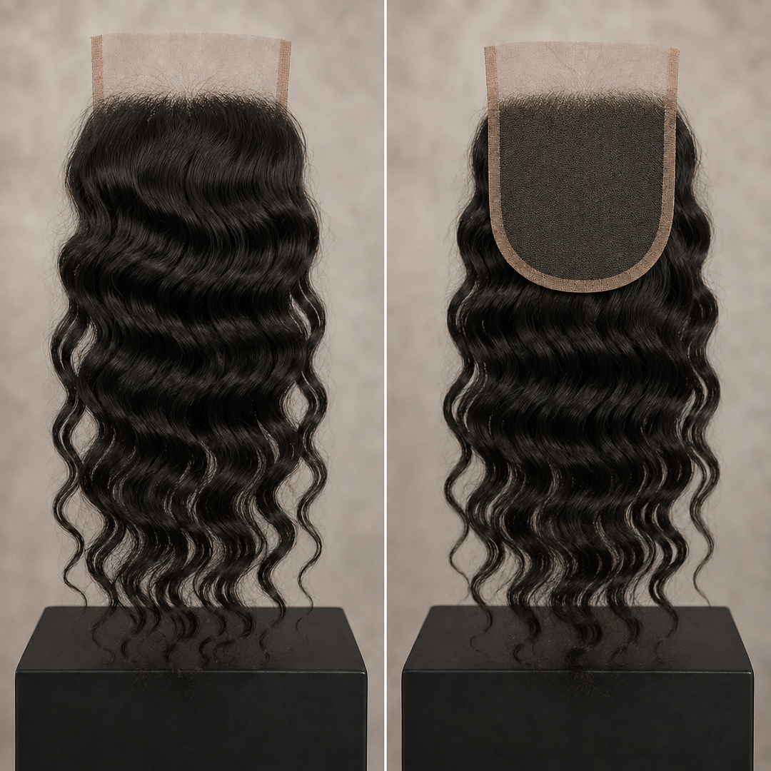 Two views of Water Wave 5x5 HD Lace Closure on display stands against a neutral beige background. The left view shows the front with wavy hair and a beige lace front, while the right view shows the back with a dark brown U-shaped lace base.