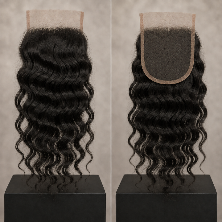 Two views of Water Wave 5x5 HD Lace Closure on display stands against a neutral beige background. The left view shows the front with wavy hair and a beige lace front, while the right view shows the back with a dark brown U-shaped lace base.