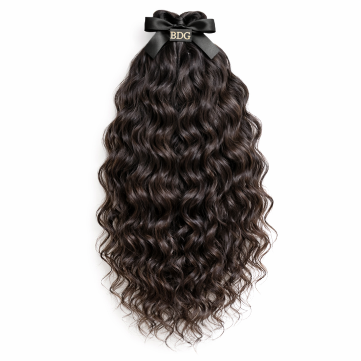 Water wave raw hair bundles with Bundles and Drops of Glam logo ribbon