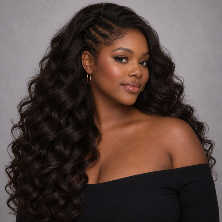 Loose Curly Flip Over Half Wig, 100% human hair, defined curls and natural volume.