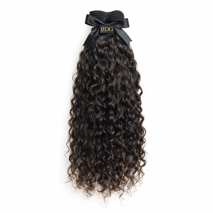 Burmese curly raw hair bundles with Bundles and Drops of Glam logo ribbon
