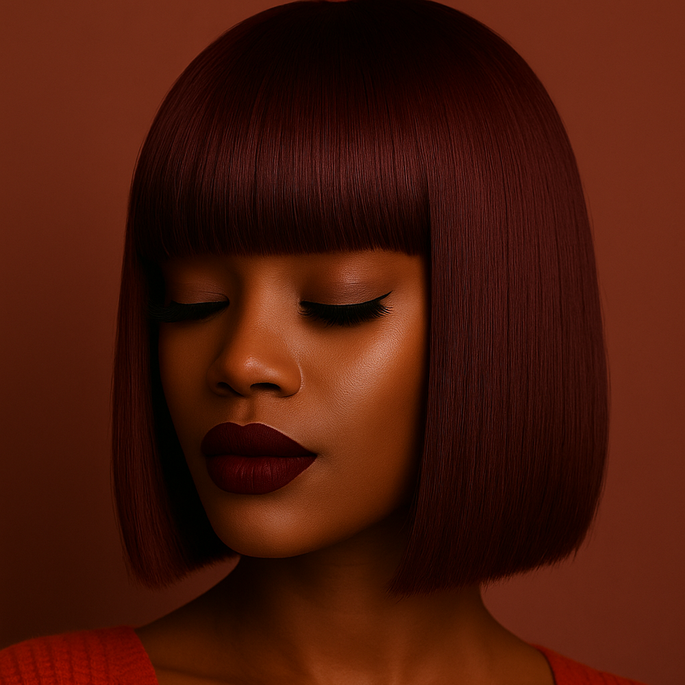 Woman with a short, dark red bob haircut wearing a red sweater against a warm-toned background