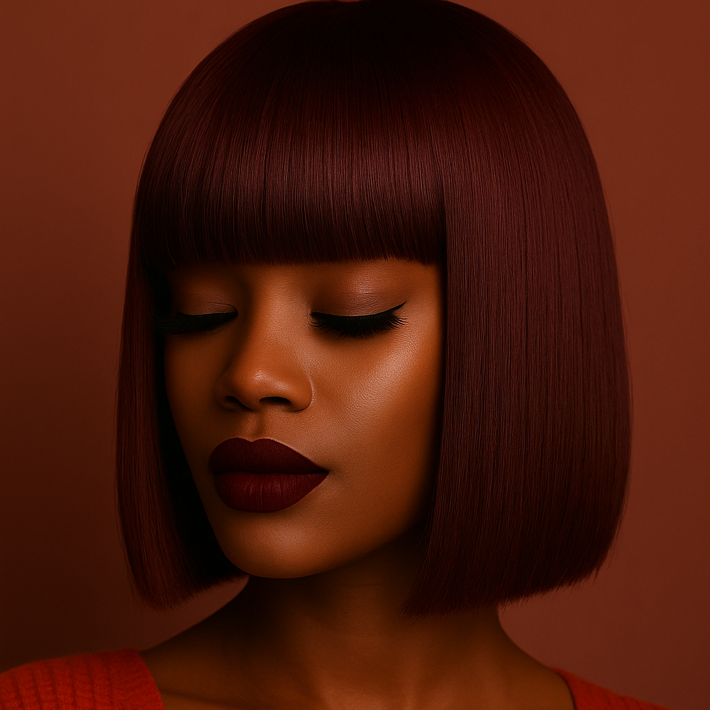Woman with a short, dark red bob haircut wearing a red sweater against a warm-toned background