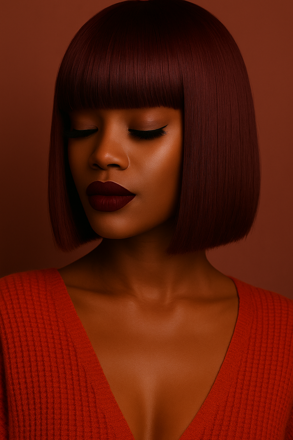 Woman with a short, dark brown bob haircut wearing a red sweater against a warm-toned background