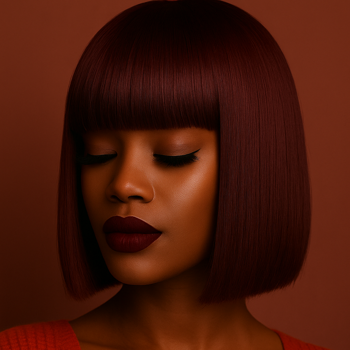 Woman with a short, dark red bob haircut wearing a red sweater against a warm-toned background
