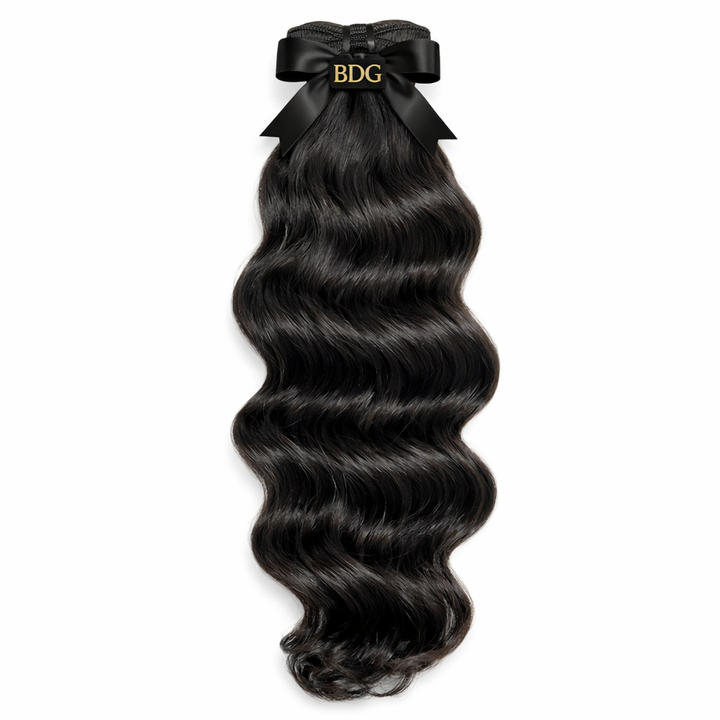 Raw Indian Wavy hair bundle with BDG logo ribbon by Bundles and Drops of Glam