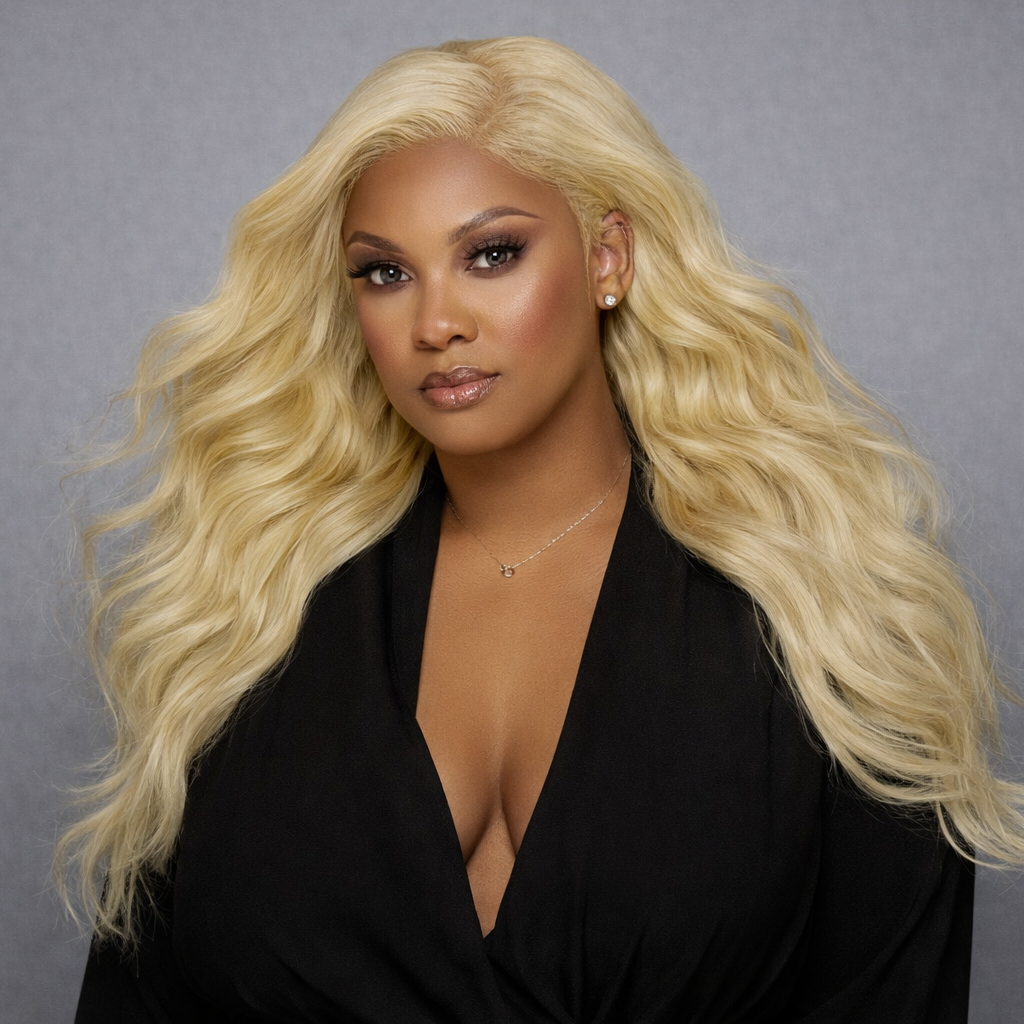 model wearing Raw Blonde 613 Wavy Bundles - Gray background Bundles and Drops of Glam