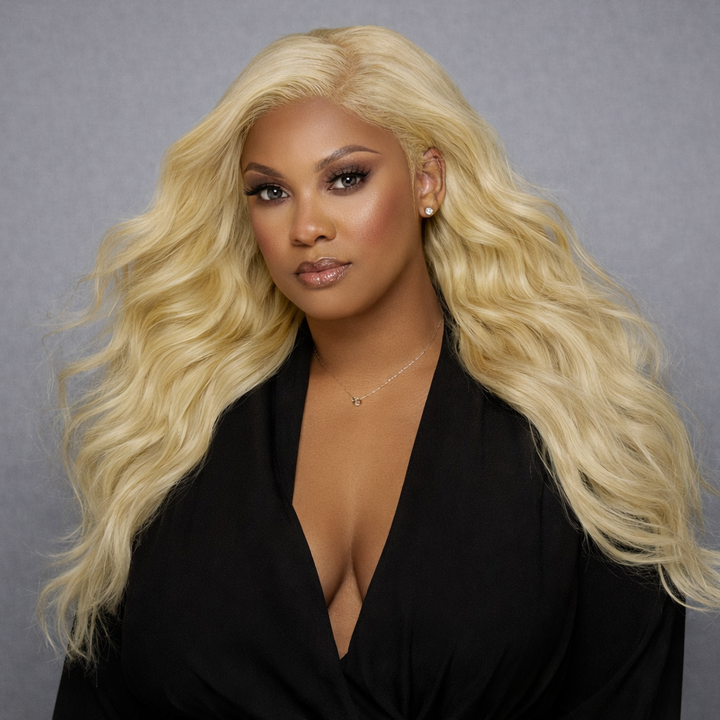 model wearing Raw Blonde 613 Wavy Bundles - Gray background Bundles and Drops of Glam