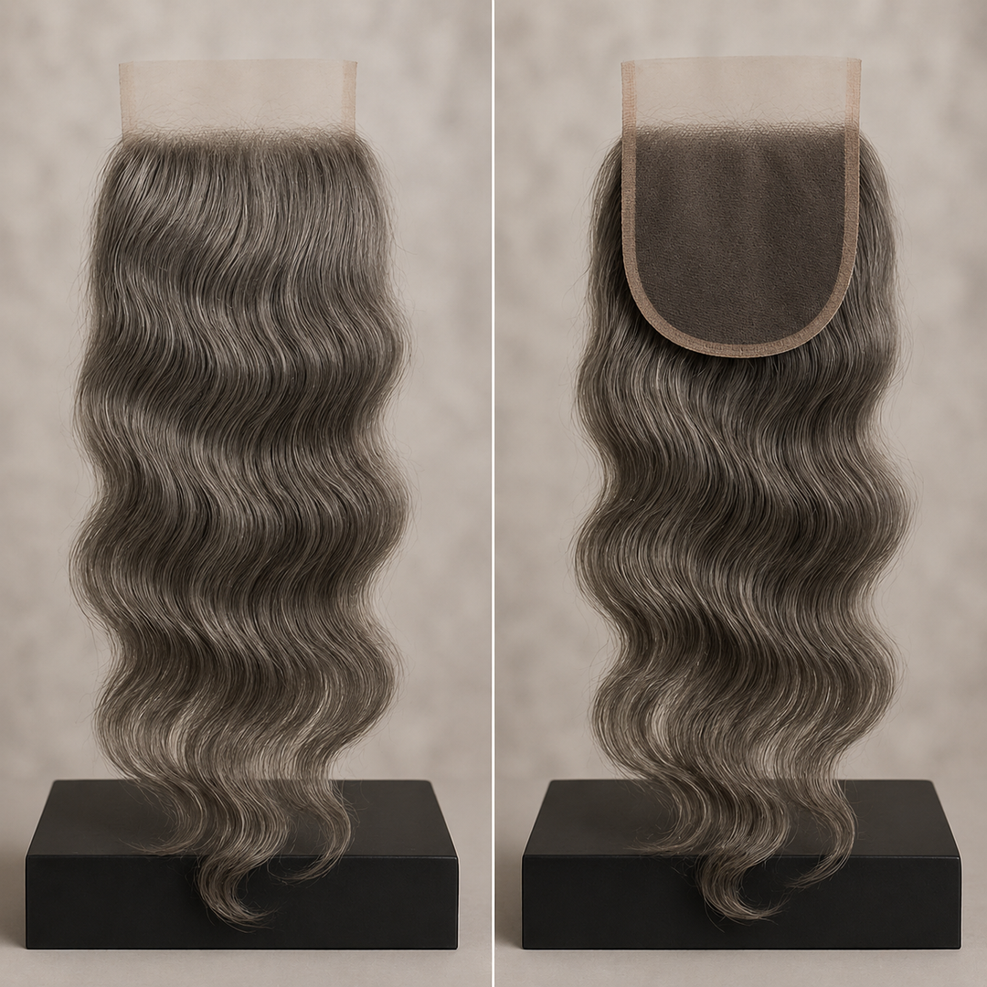 Two views of a wavy hair lace closure on a neutral background, showing the front and back of the hairpiece with a dark brown lace base and gray-brown wavy hair.