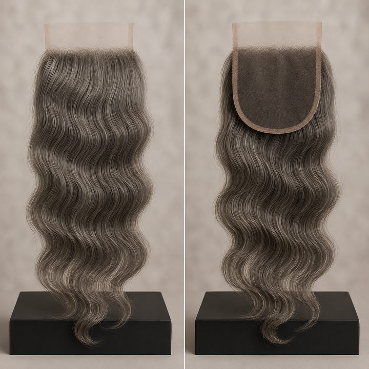 Two views of a wavy hair lace closure on a neutral background, showing the front and back of the hairpiece with a dark brown lace base and gray-brown wavy hair.